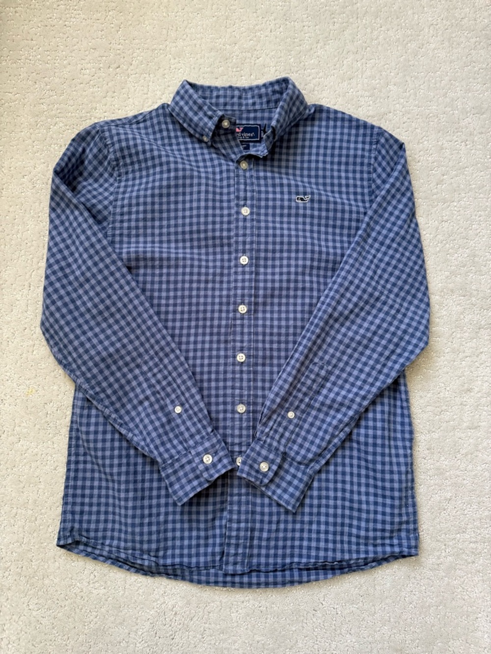 Vineyard Vines Boys Blue Plaid Button-Down Whale Shirt size L (16) EUC